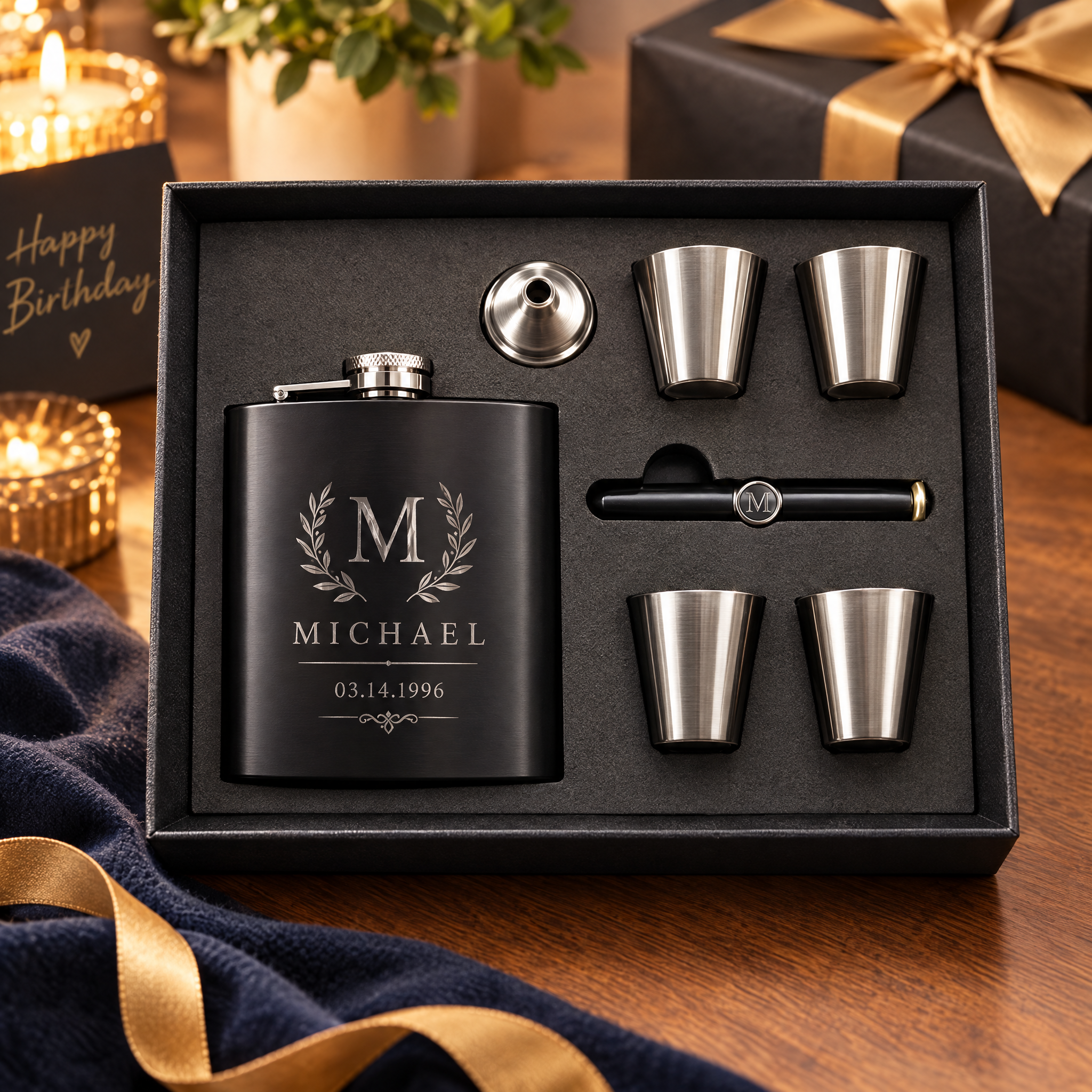 6 oz Black Stainless Steel Flask Gift Set
