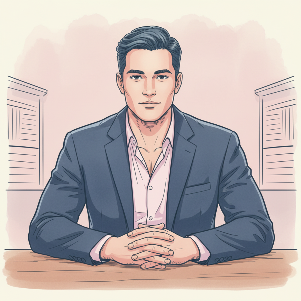 Line-art portrait of a calm young man in a navy jacket at a desk — Public Affairs