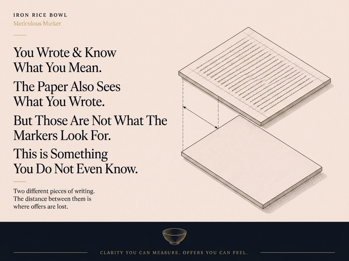Line art of two sheets of paper in isometric projection, with a dashed line and arrows pointing from the written text on the top sheet to the empty sheet below, illustrating the gap between intended meaning and actual output.