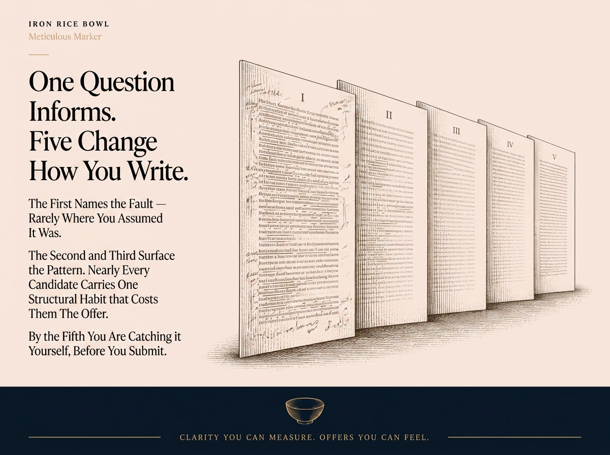 A series of five numbered parchment-style document pages, labelled I through V, arranged in perspective to illustrate the progressive learning process of the Meticulous Marker service.