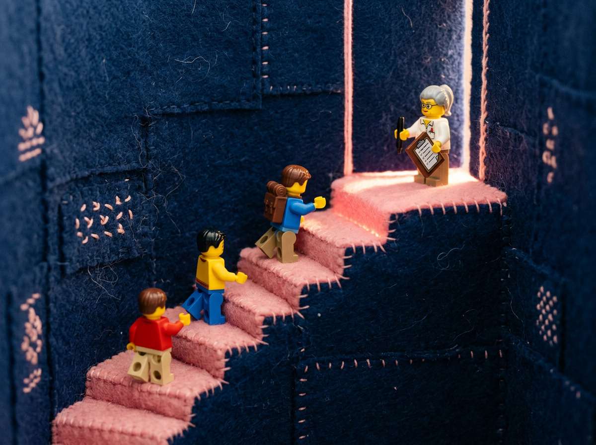 Handmade felt diorama: three LEGO figures climbing pink felt steps toward a glowing threshold line where an examiner figure waits