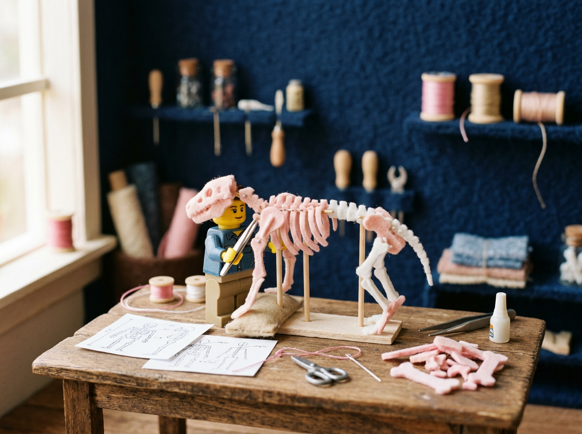 Handmade felt diorama: a LEGO figure assembling a miniature essay skeleton from pink felt rods on a workshop table