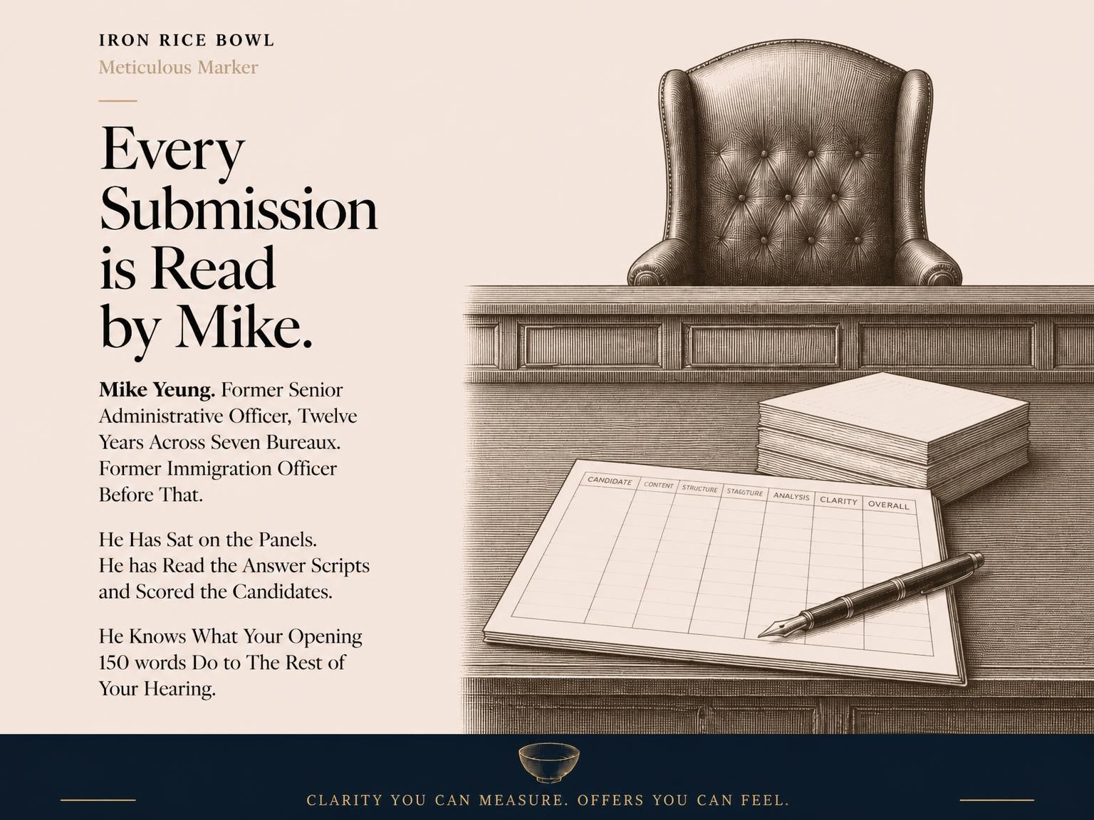 An engraved-style illustration of a leather armchair behind a desk, with a stack of papers and a candidate marking rubric labelled Candidate, Content, Structure, Analysis, Clarity, and Overall, with a fountain pen resting across it.