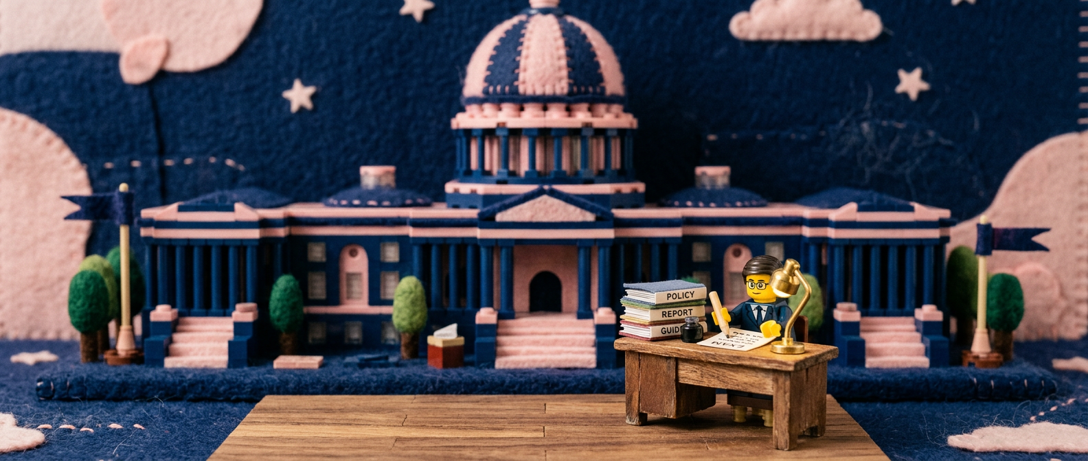 Handmade felt diorama: a LEGO figure writing a policy examination at a lamplit desk, felt files stacked beside, a navy-and-pink brick government building behind