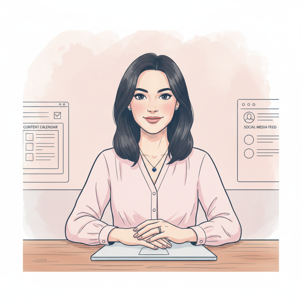 Line-art portrait of a warm young woman in a pink blouse at a desk — Publicity & Engagement