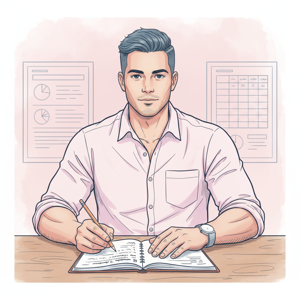 Line-art portrait of a thoughtful young man in a pink shirt with a research notebook — Research (Projects)