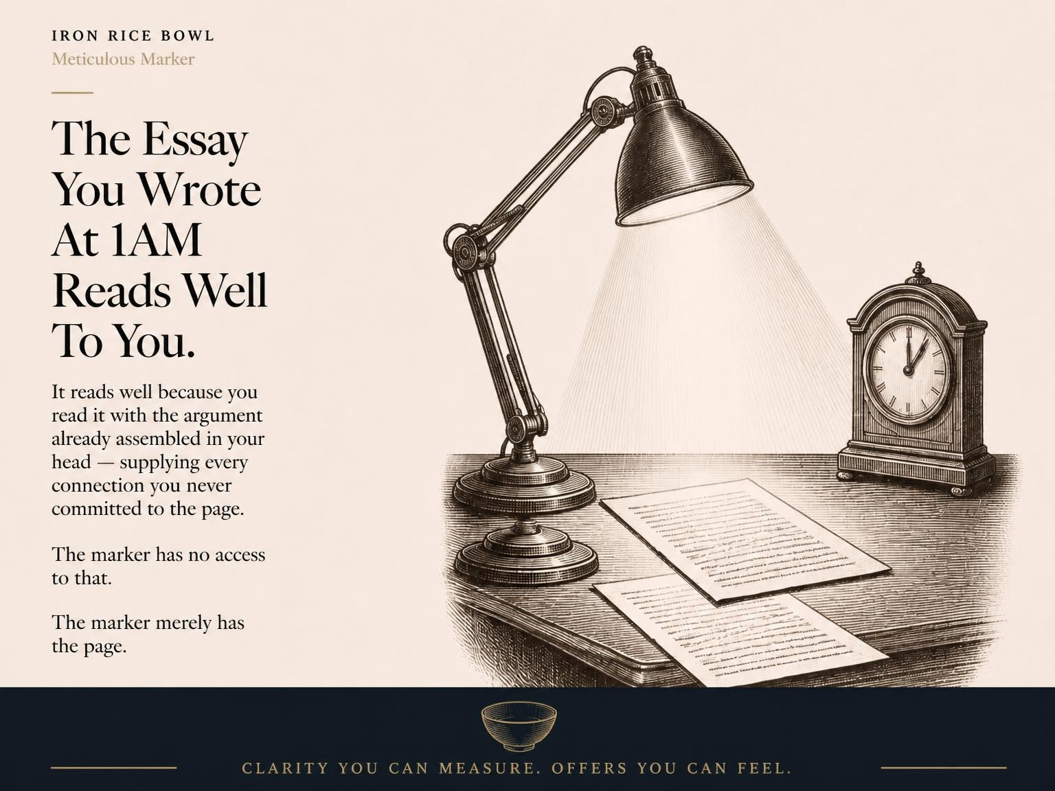 A vintage engraving of a desk lamp illuminating two sheets of paper, with an antique mantle clock nearby, representing the isolation of late-night study and the marker's focused perspective.