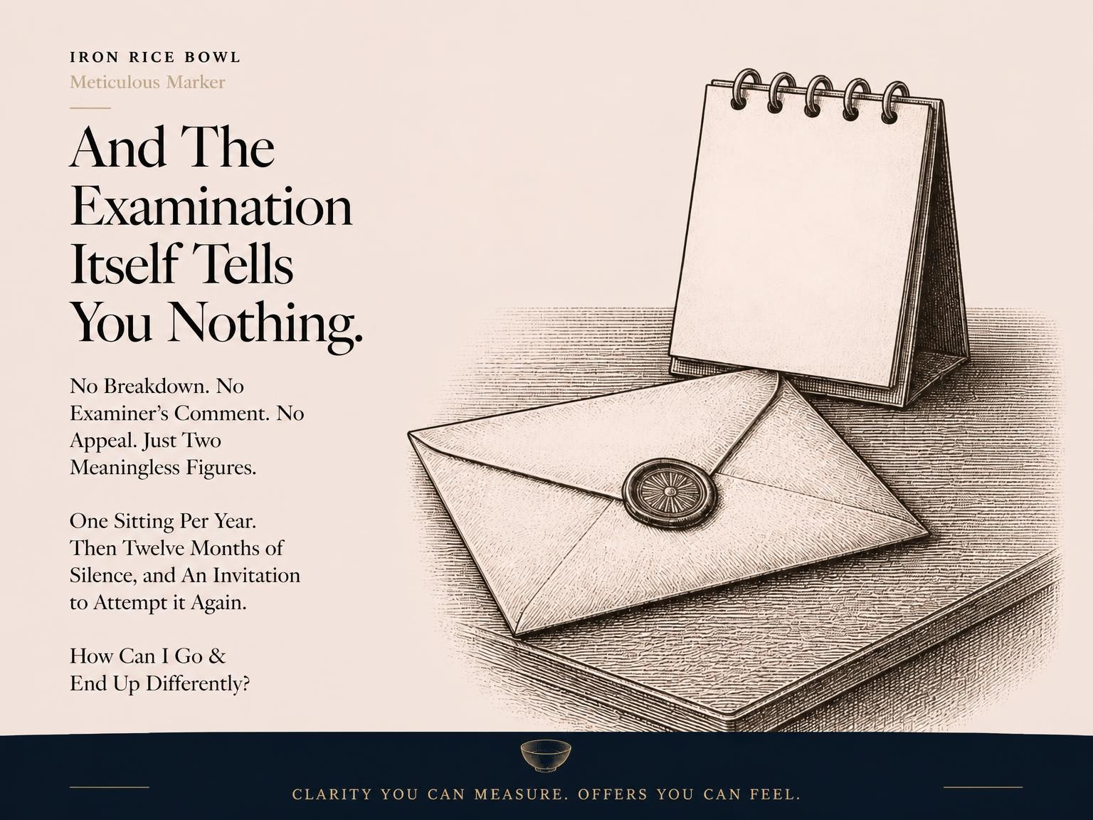 A desk calendar next to a sealed envelope with a wax stamp, representing the mystery and silence of official examination results.