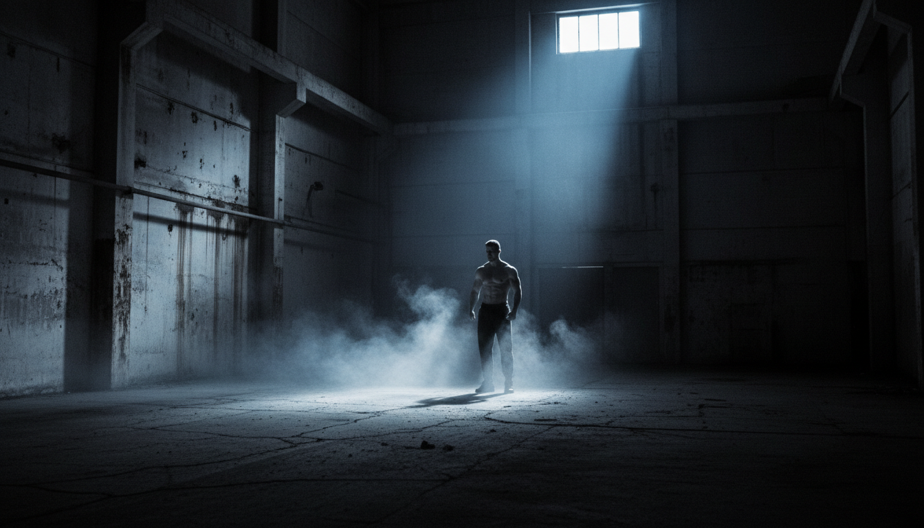 Athlete in concrete warehouse at pre-dawn