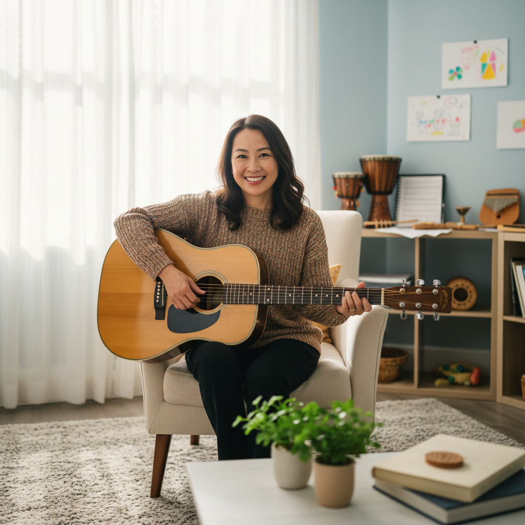 Asian woman music therapist holding an acoustic guitar with a warm smile in a bright therapy room