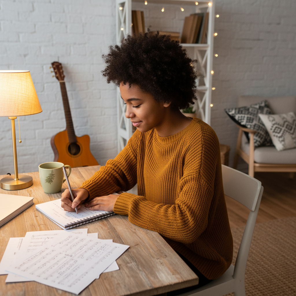 Teenager writing music notes in a notebook in a warm, safe therapeutic space