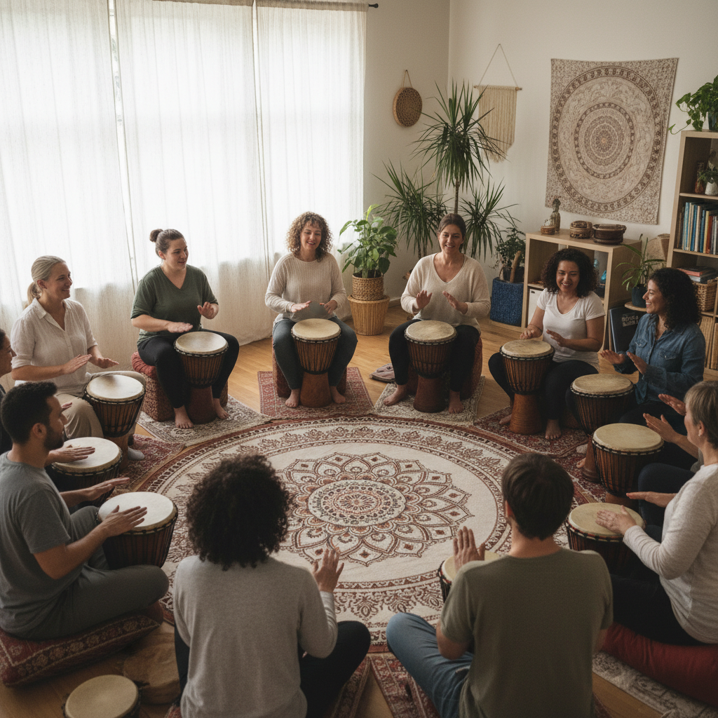 Diverse group of adults sitting in a circle drumming together in a warm therapy room