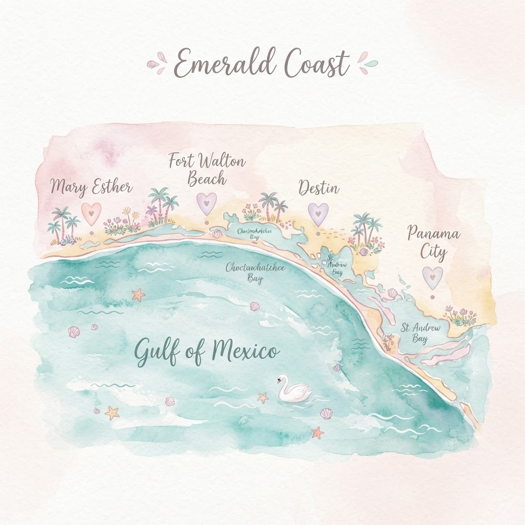 Illustrated map of Swans Nest service areas on the Florida Emerald Coast