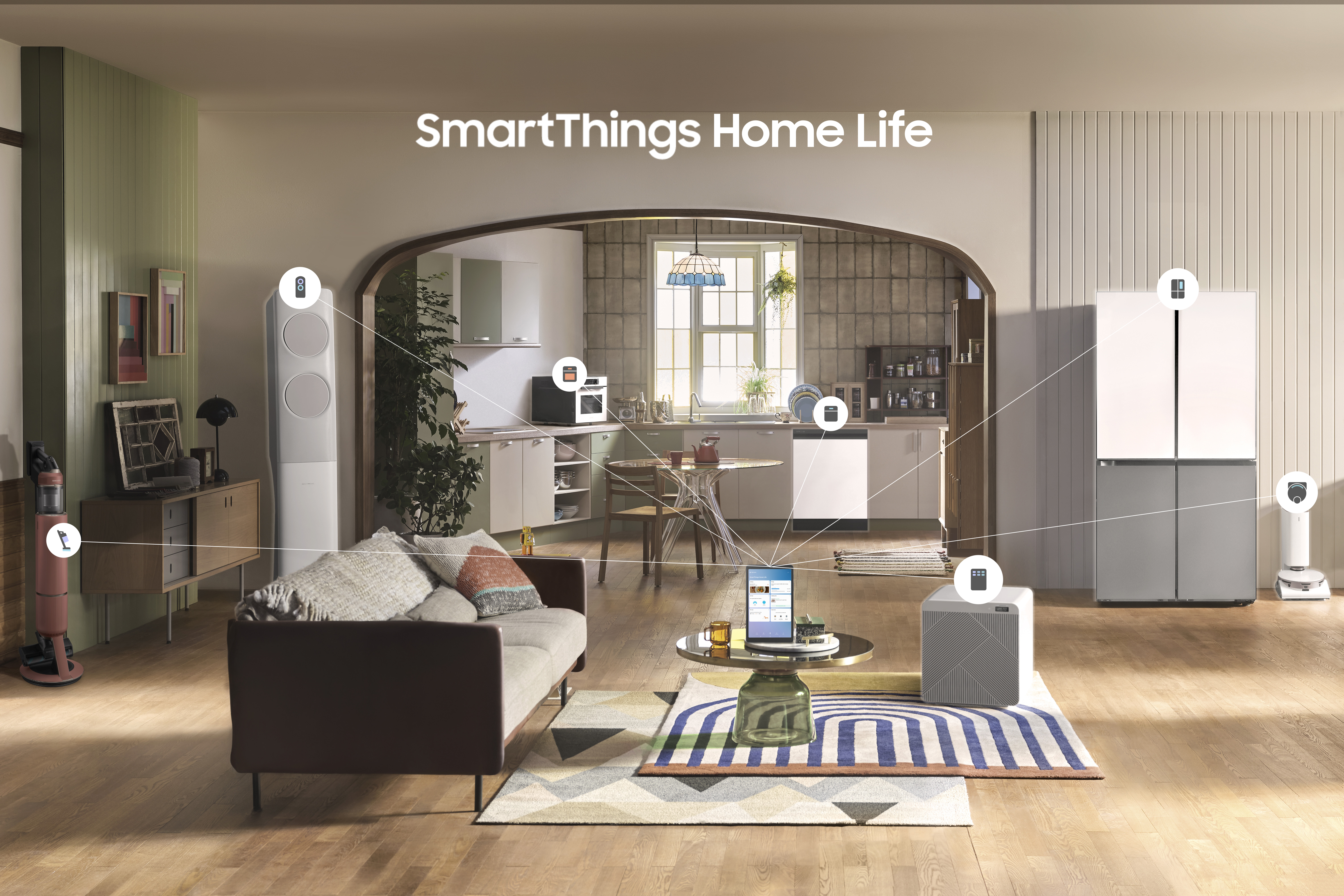 SAMSUNG BALLIE mobile AI companion projecting information inside a connected home.