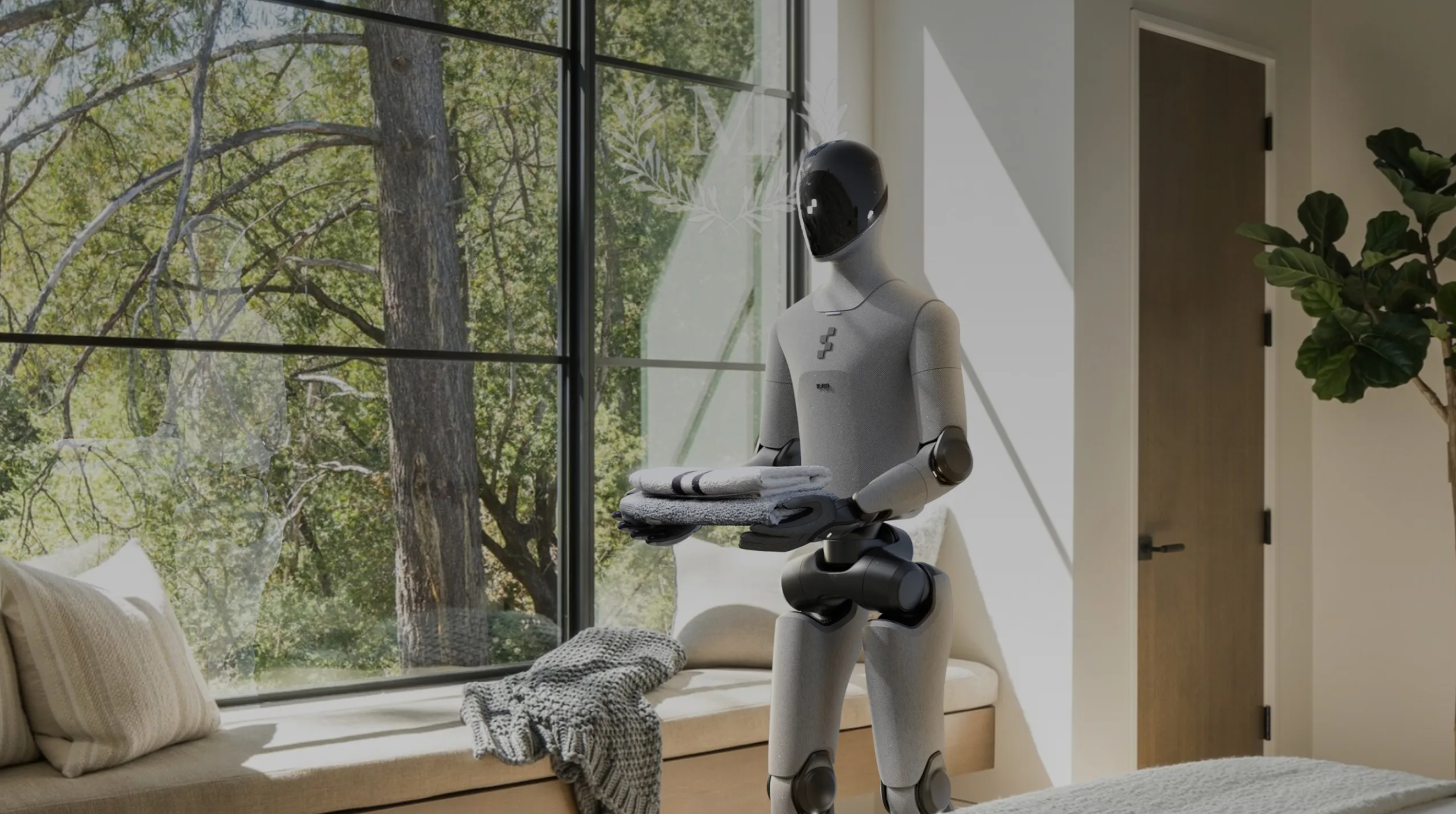 FIGURE humanoid robot standing inside a home surrounded by everyday products.