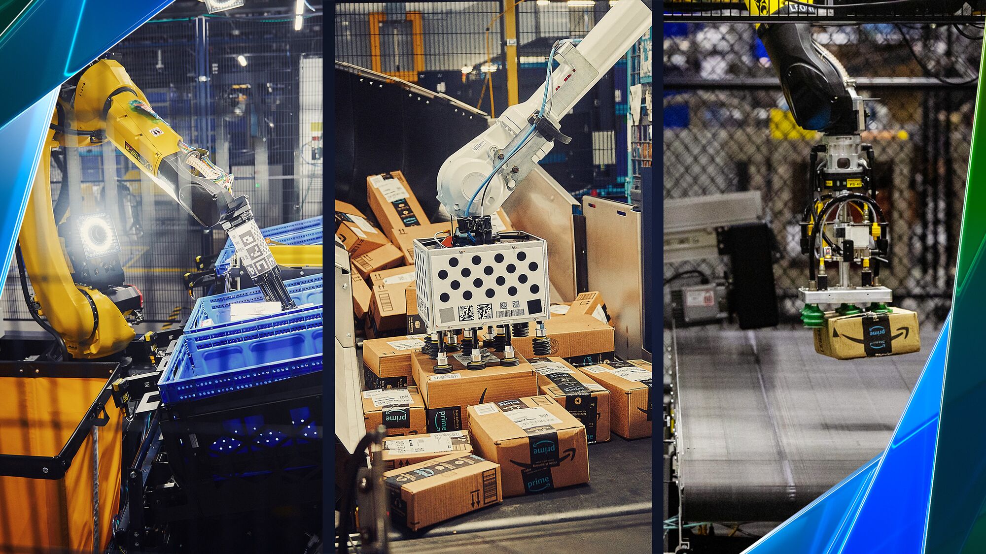 AMAZON robotic systems moving inventory through a large fulfillment center.