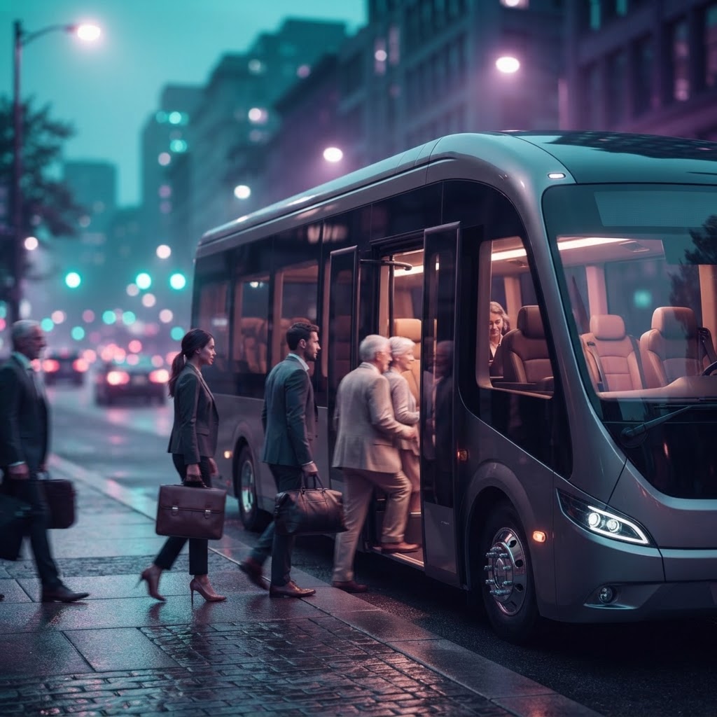 Passengers boarding a shuttle at dusk