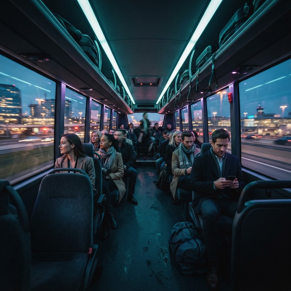 Passengers in a sleek premium shuttle interior
