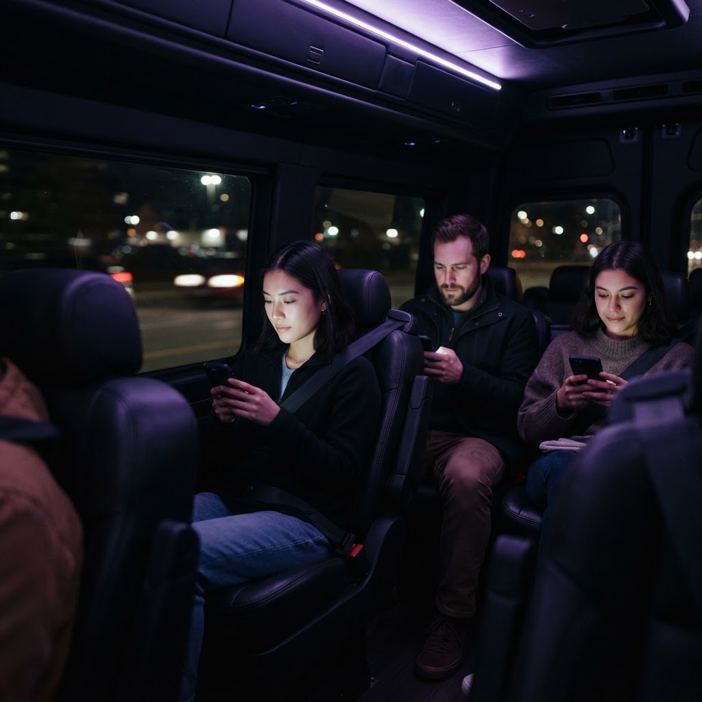 Passenger using smartphone inside a shuttle at night