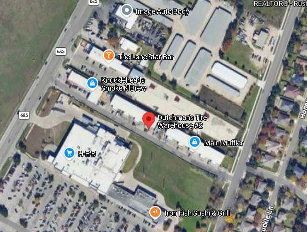Map showing Dutchman's Tire Warehouse location at 401 FM 685 #208 Pflugerville TX