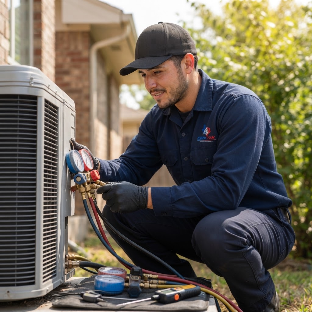 CoolTex technician in uniform diagnosing and repairing an air conditioning system
