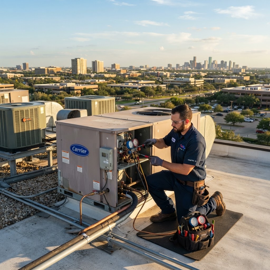 CoolTex technician servicing commercial rooftop air conditioning units