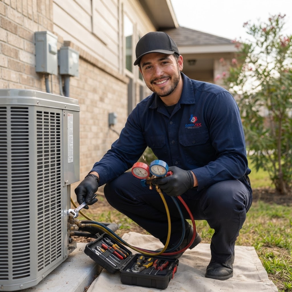 CoolTex technician in uniform installing a new air conditioning system