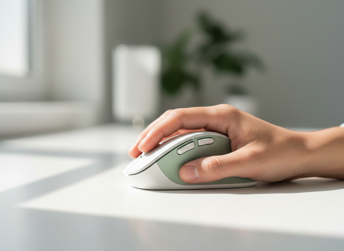 Close-up of ergonomic hand positioning on vertical mouse