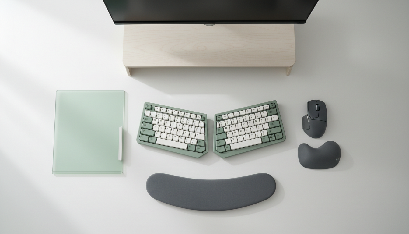 Overhead view of perfectly organized ergonomic desk setup