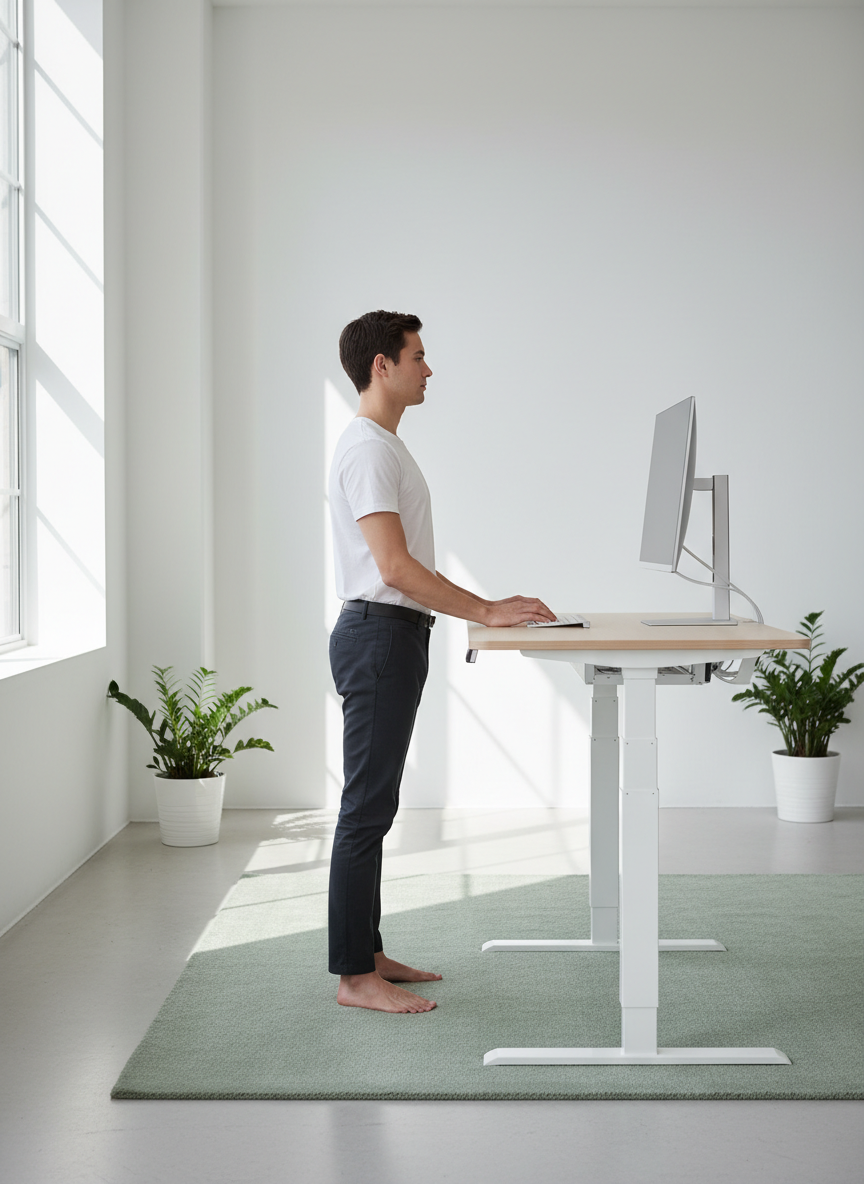 Person demonstrating perfect spinal alignment at standing desk
