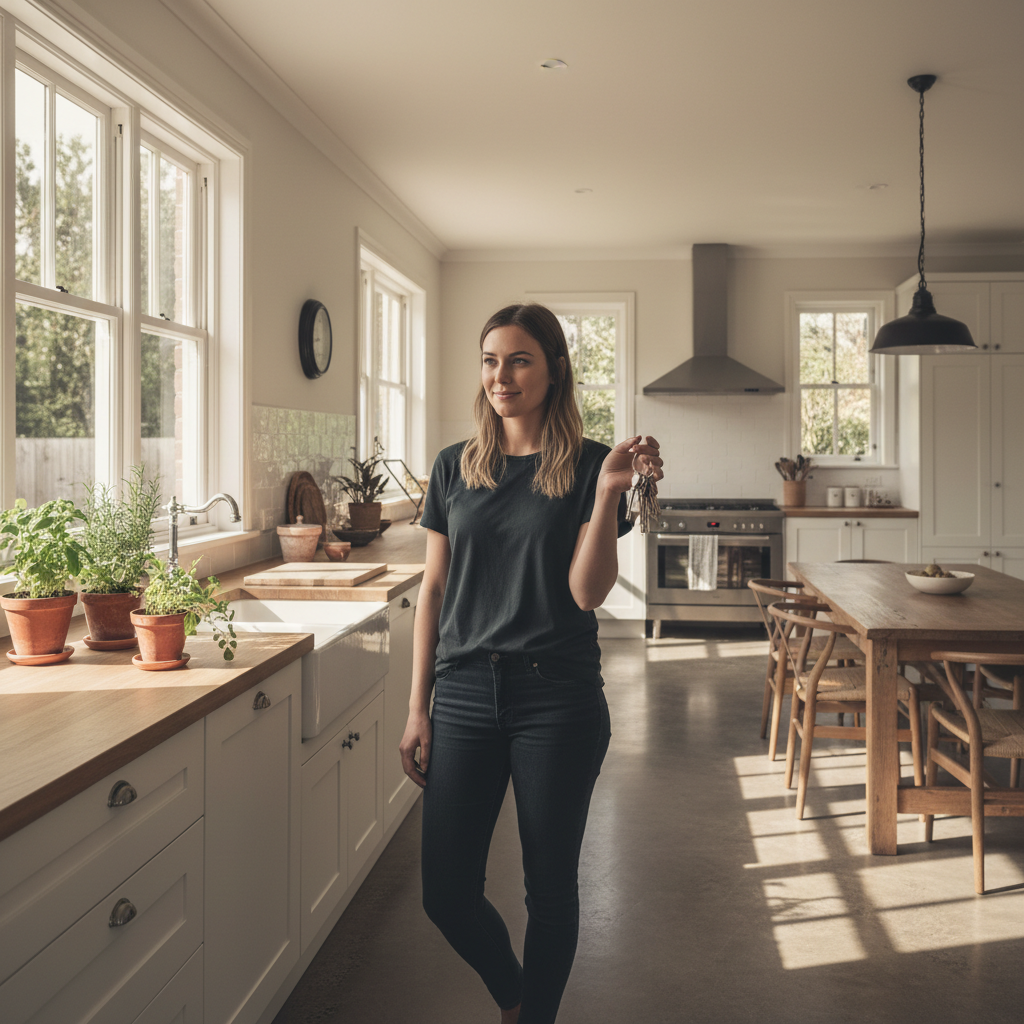 Woman holding house keys in a warm sunlit kitchen