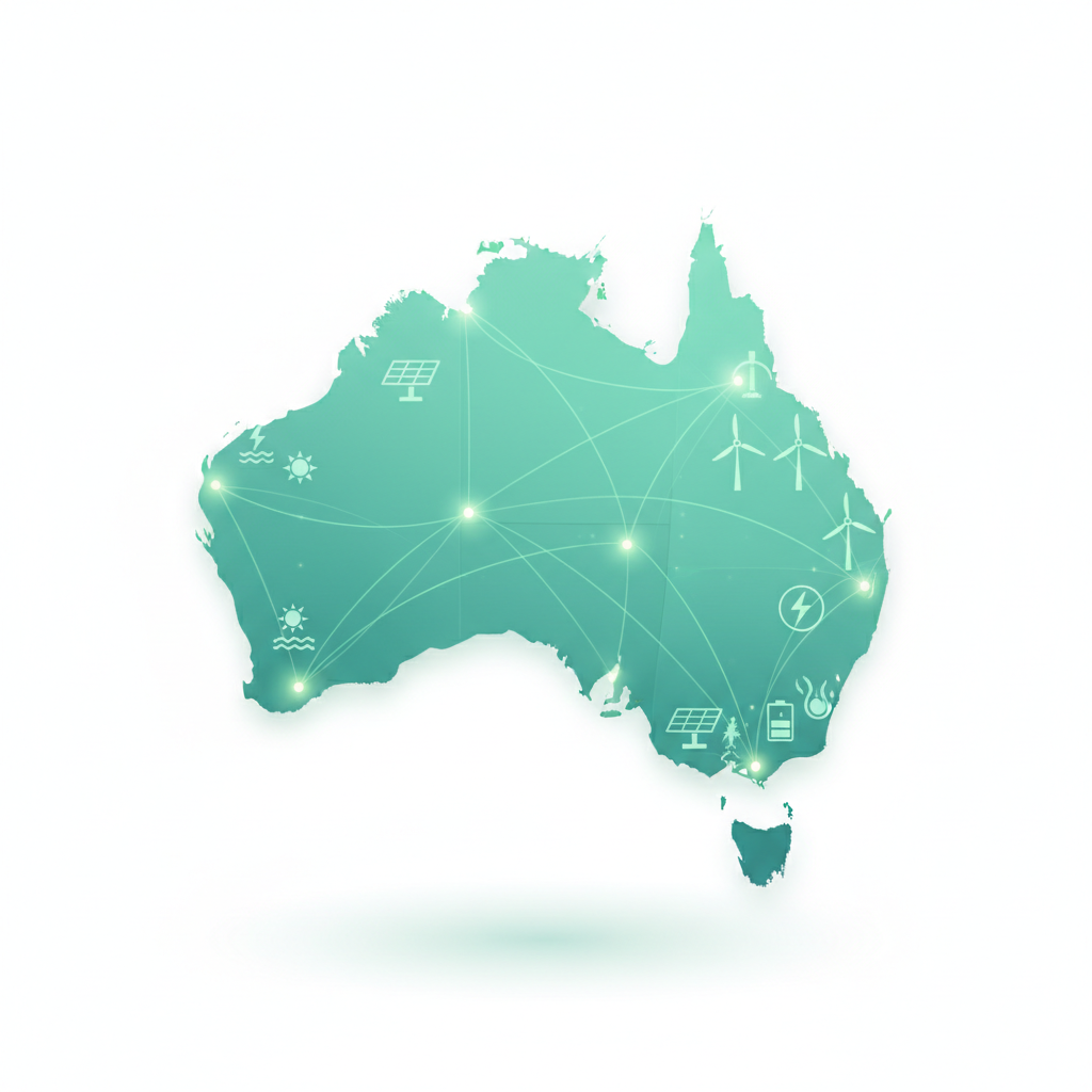 Map of Australia showing the national electricity grid with solar and wind farms