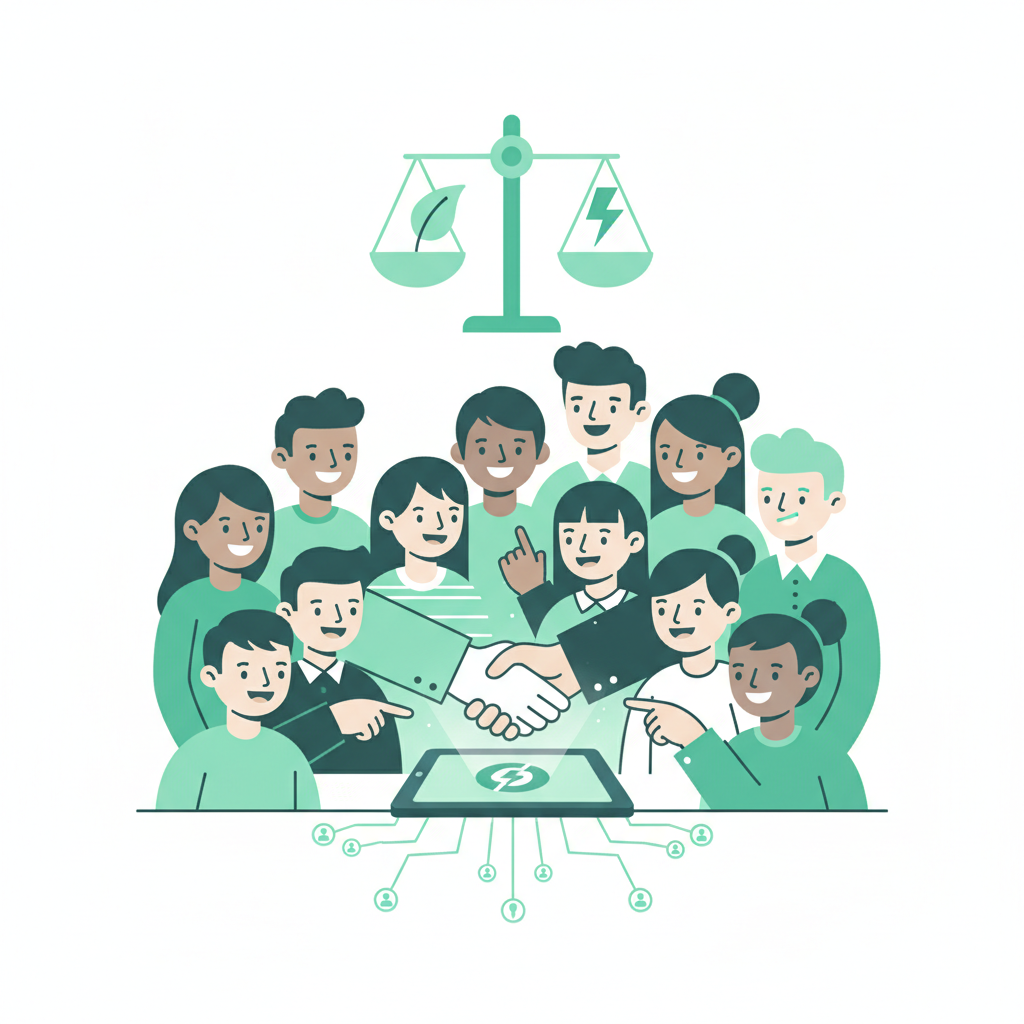 People sharing a green energy app fairly