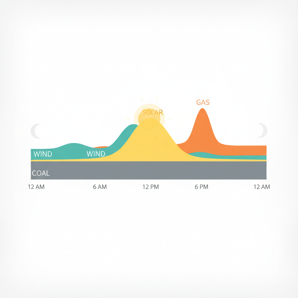 Cartoon timeline showing how solar, wind, coal and gas change hour by hour on the grid