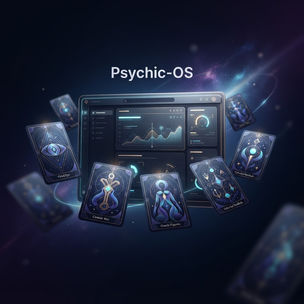 Abstract oracle-inspired cards and a professional practice workspace representing scattered practice details moving into Psychic-OS.