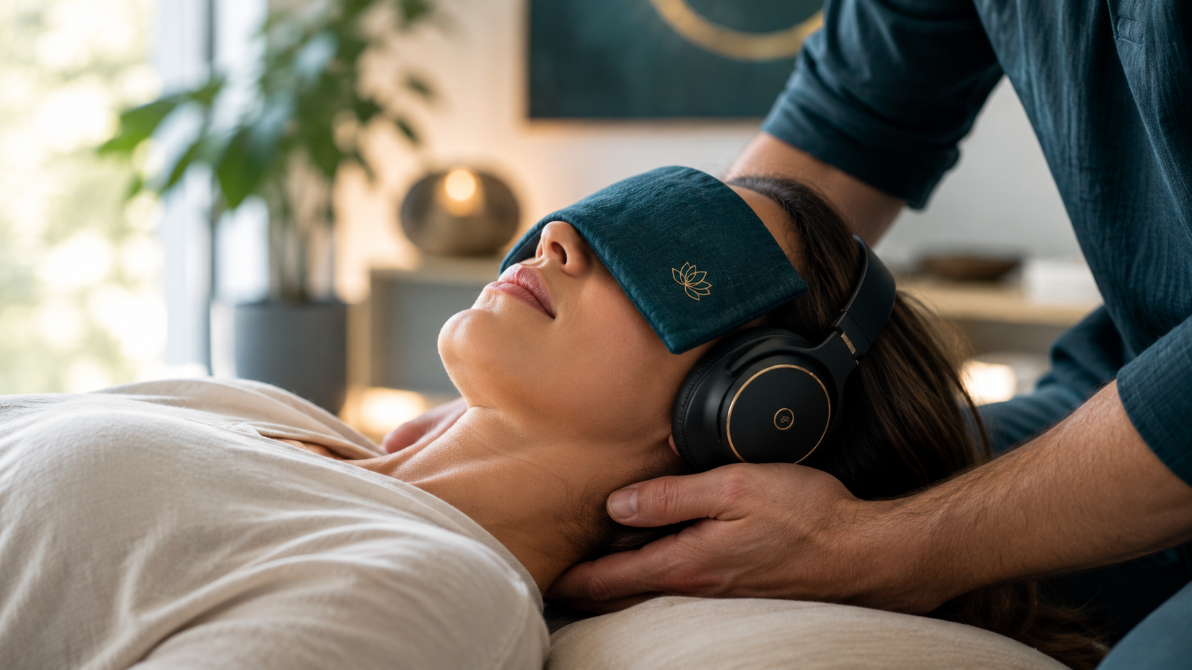 Therapeutische Körperarbeit – liegende Person mit Augenkissen und Kopfhörern