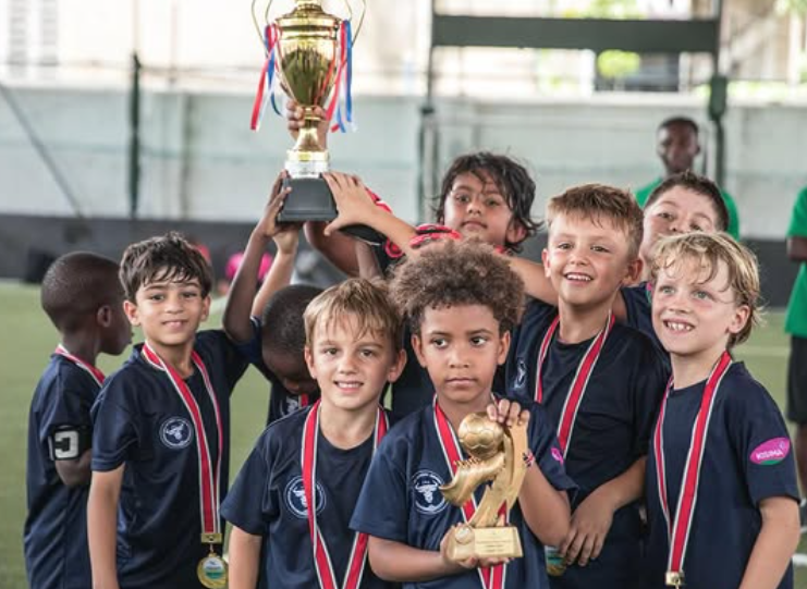 Championship trophy with team