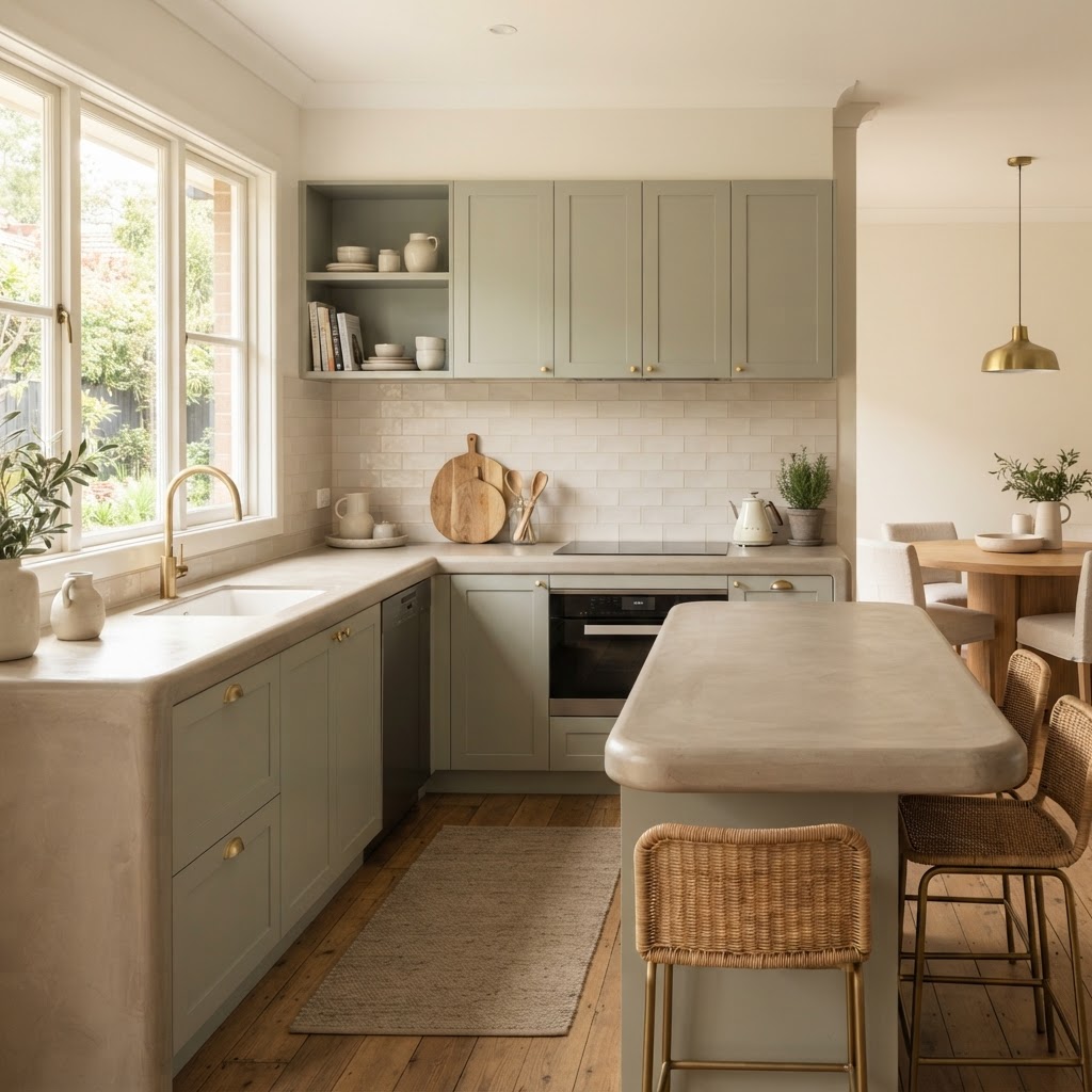 Sage Kitchen Repaint with Microcement Benchtop