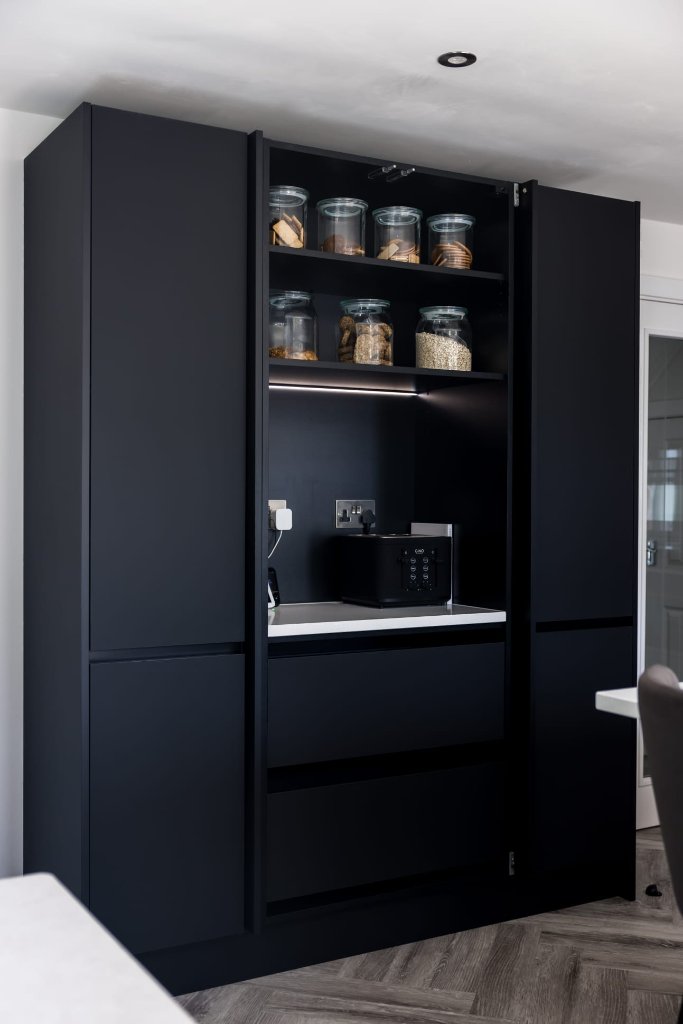 Midnight pantry larder interior — bespoke cabinetry by CJ Marra