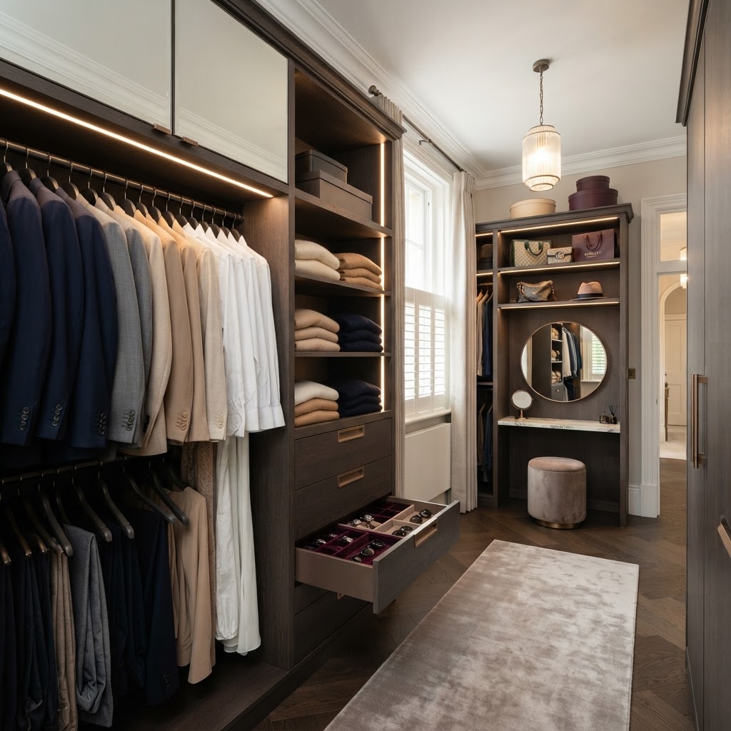 Luxury wardrobe interior with hanging rails and shelving — CJ Marra