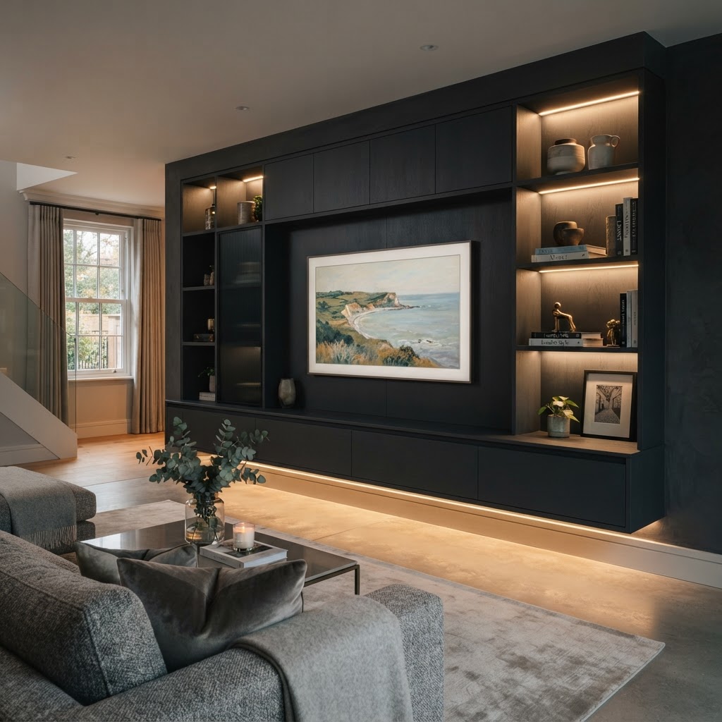Bespoke media wall with integrated storage and shelving by CJ Marra, Wiltshire