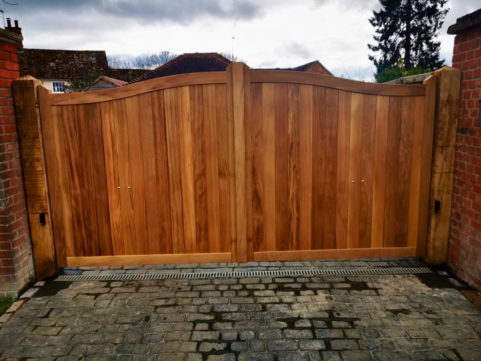 Bespoke timber driveway gates manufactured by CJ Marra Cabinets & Carpentry in Wiltshire