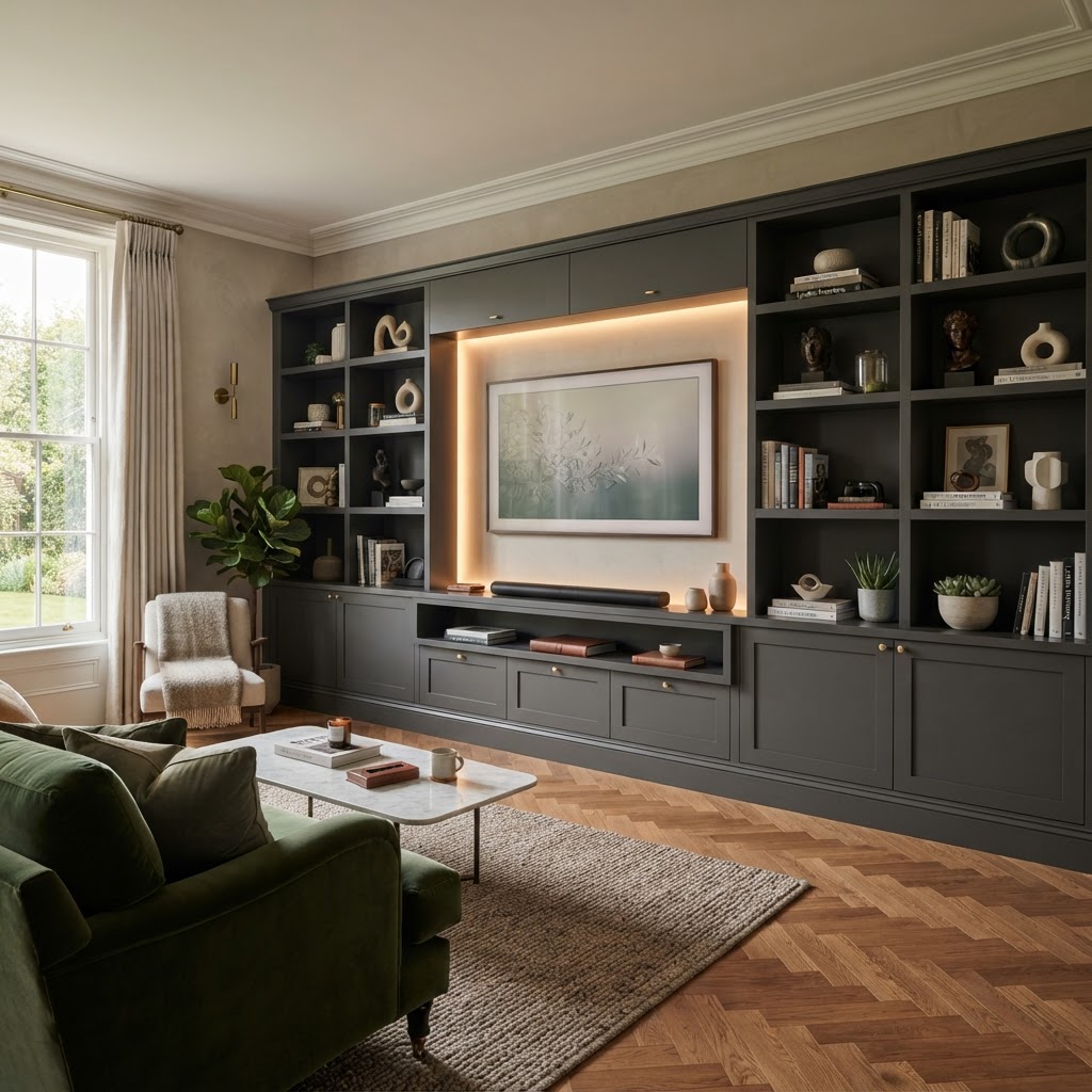 Bespoke media wall with fitted cabinetry by CJ Marra Cabinets & Carpentry in Wiltshire