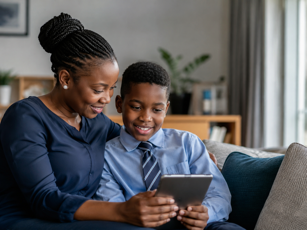 Parent and child looking at school updates together on a tablet