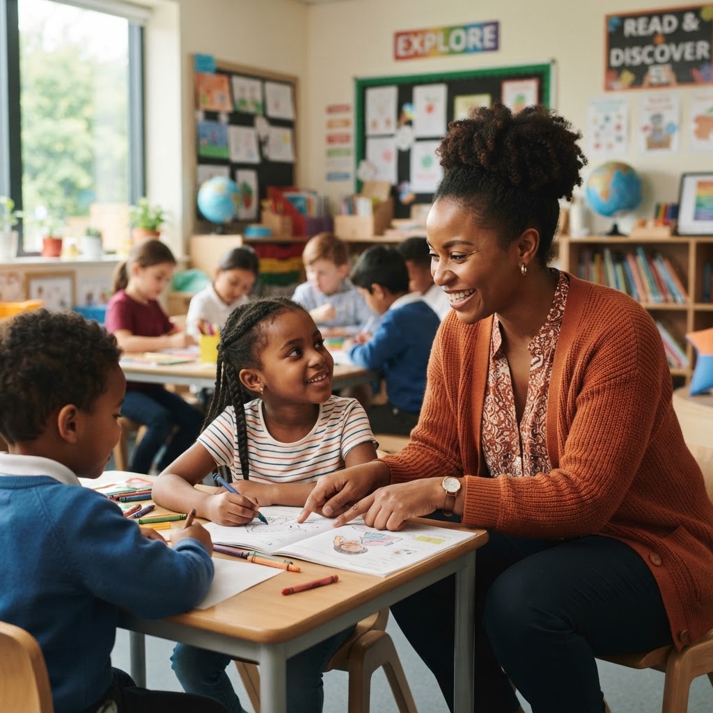 African teacher helping students in a classroom