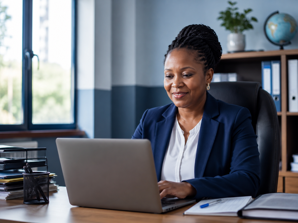 School administrator working at her desk on a laptop