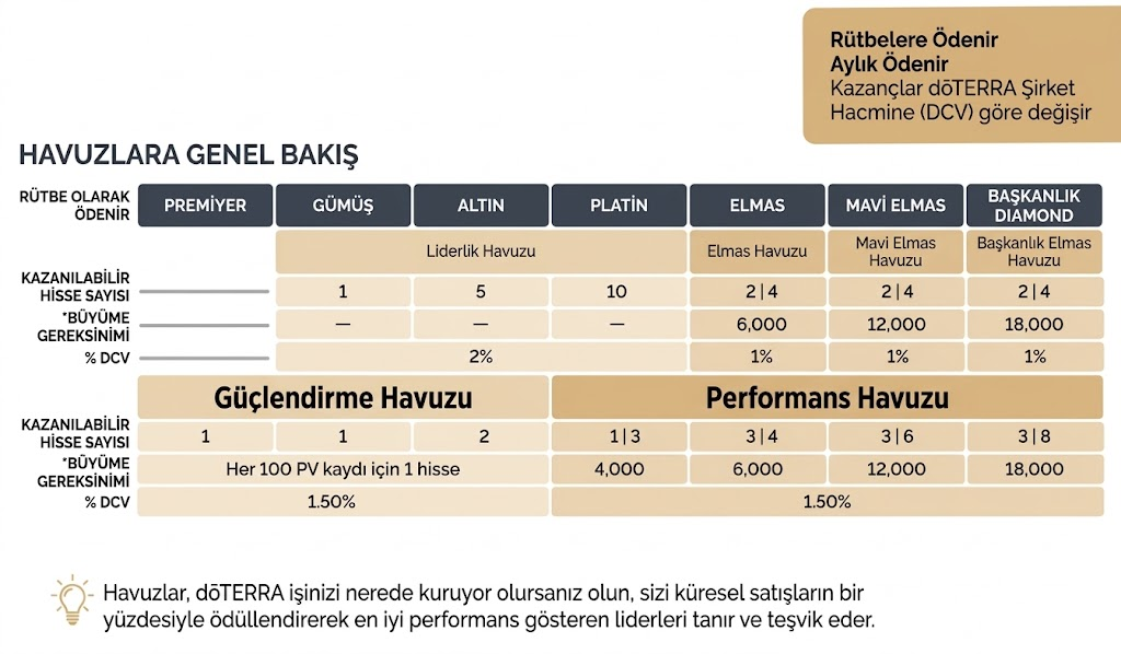 Havuzlar - rütbelere göre kazanılabilir hisse sayısı ve büyüme gereksinimleri tablosu