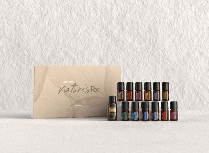 Nature's Rx kutusu ve on iki esansiyel yağ şişesi
