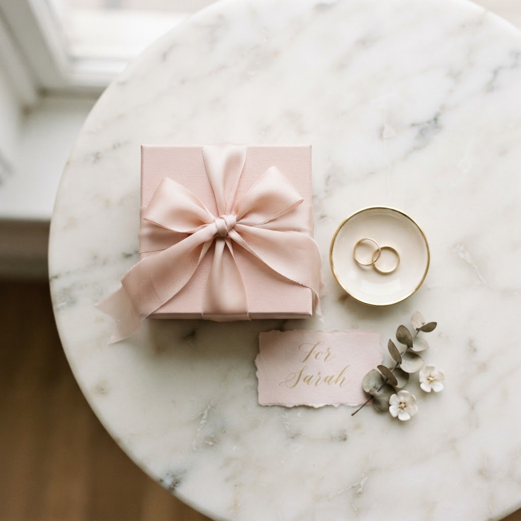 An elegant gift box with a blush ribbon