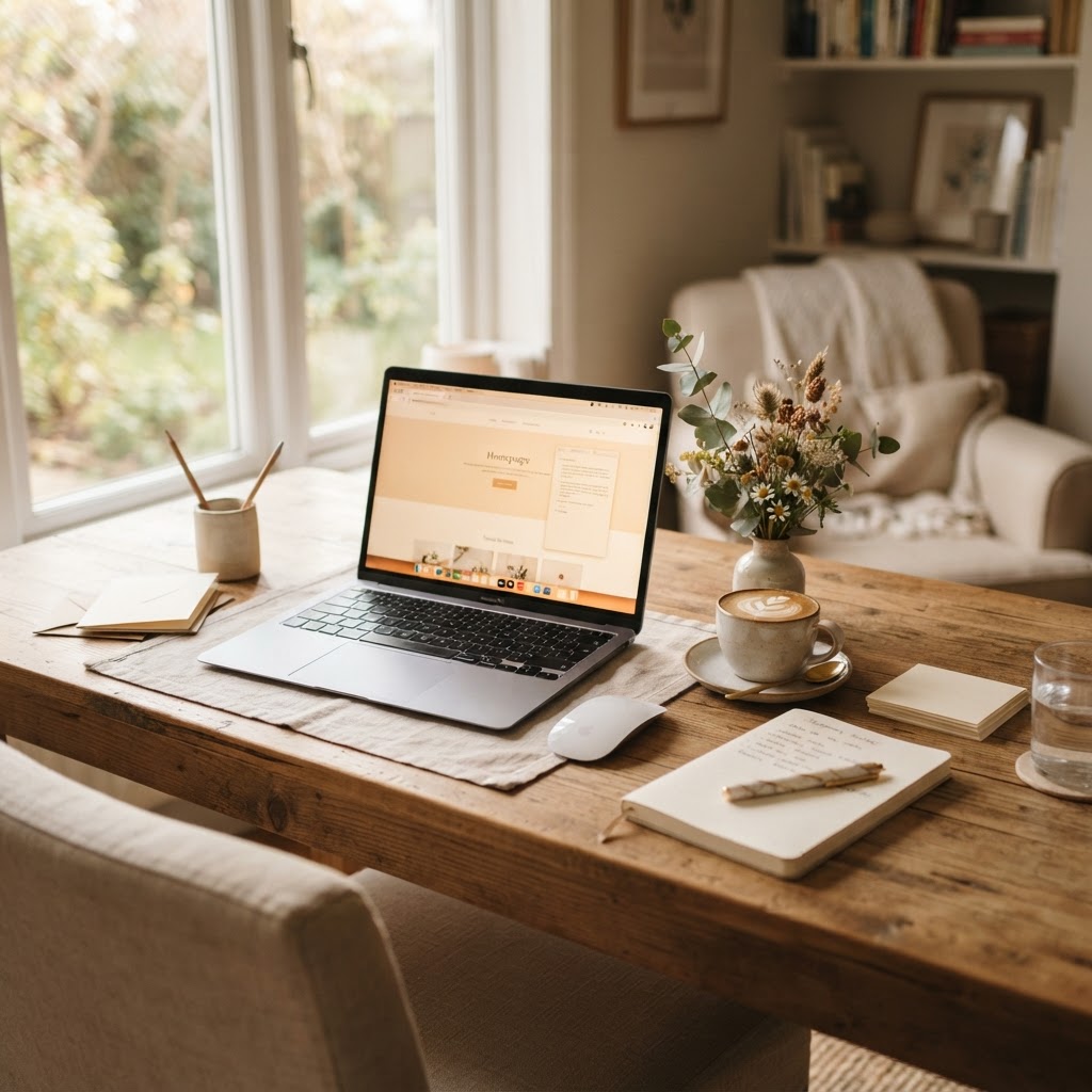 A quiet, warm desk ready for a conversation